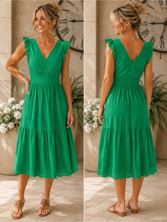 Maggy London Dresses & Skirts - NWT Maggy London Green Eyelet V-Neck Ruffle Midi Dress